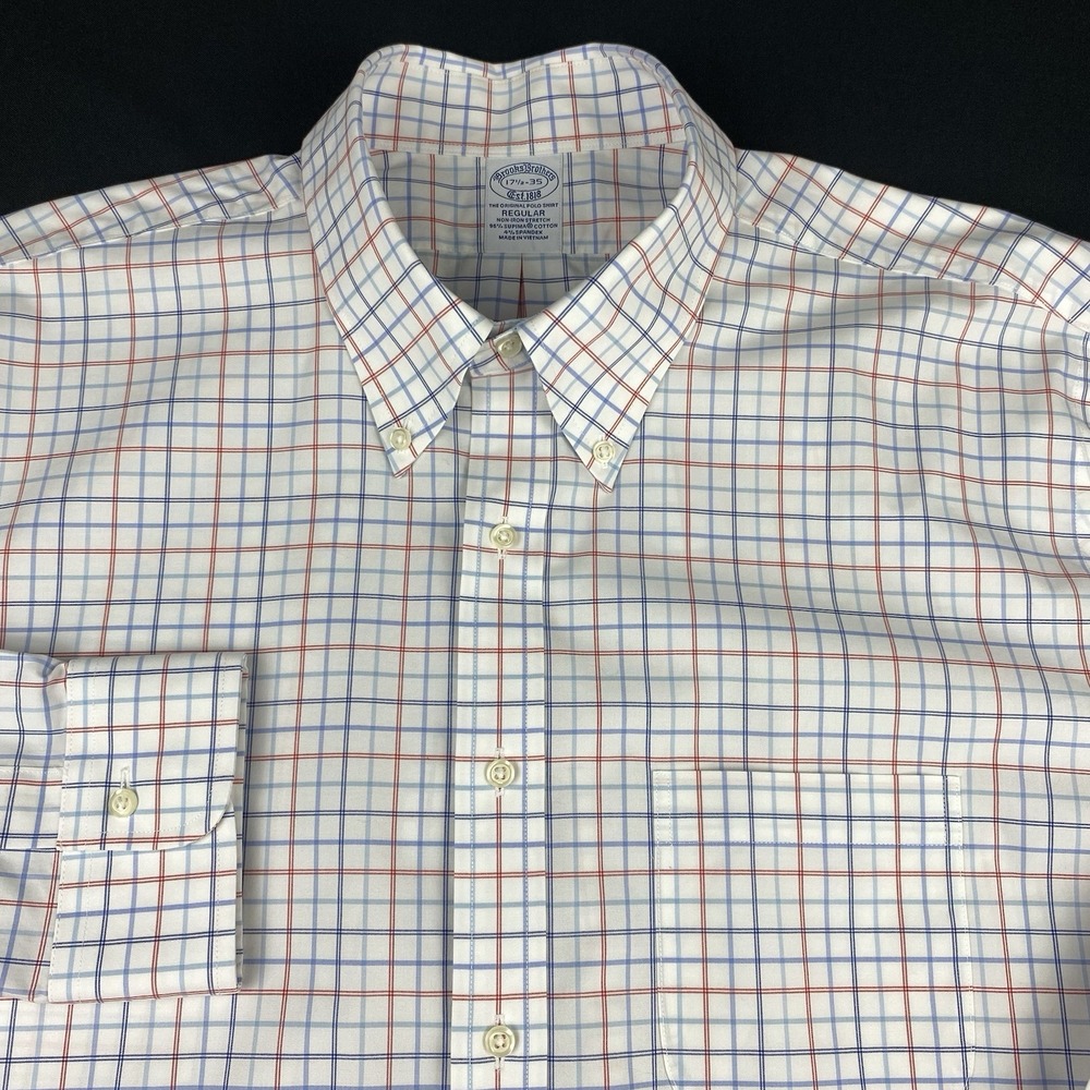 Brooks Brothers Dress Shirt Mens 17.5-35 Red/White/Blue Checks Regular Stretch
